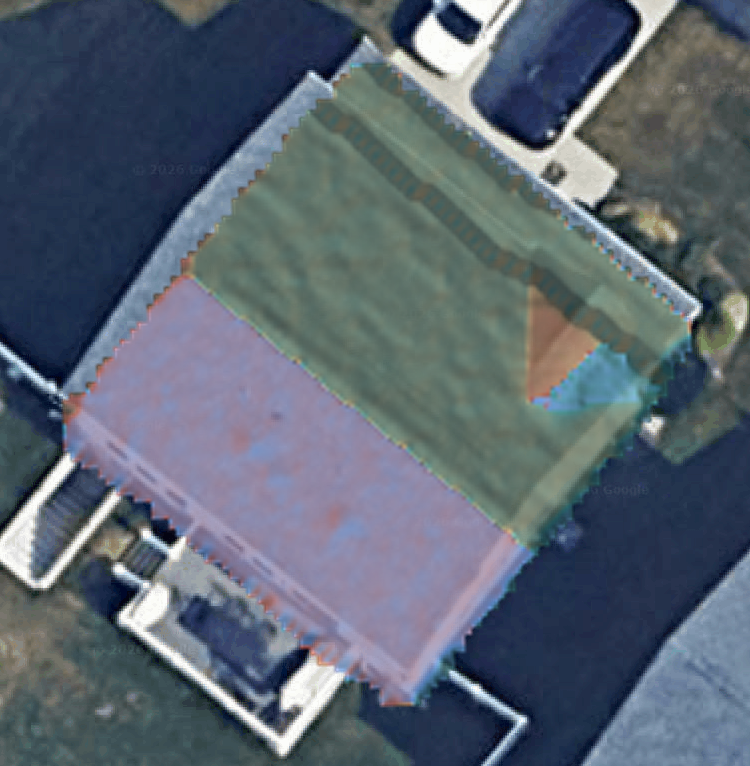 Aerial roof analysis showing each roof plane with its measured area, pitch and facing direction